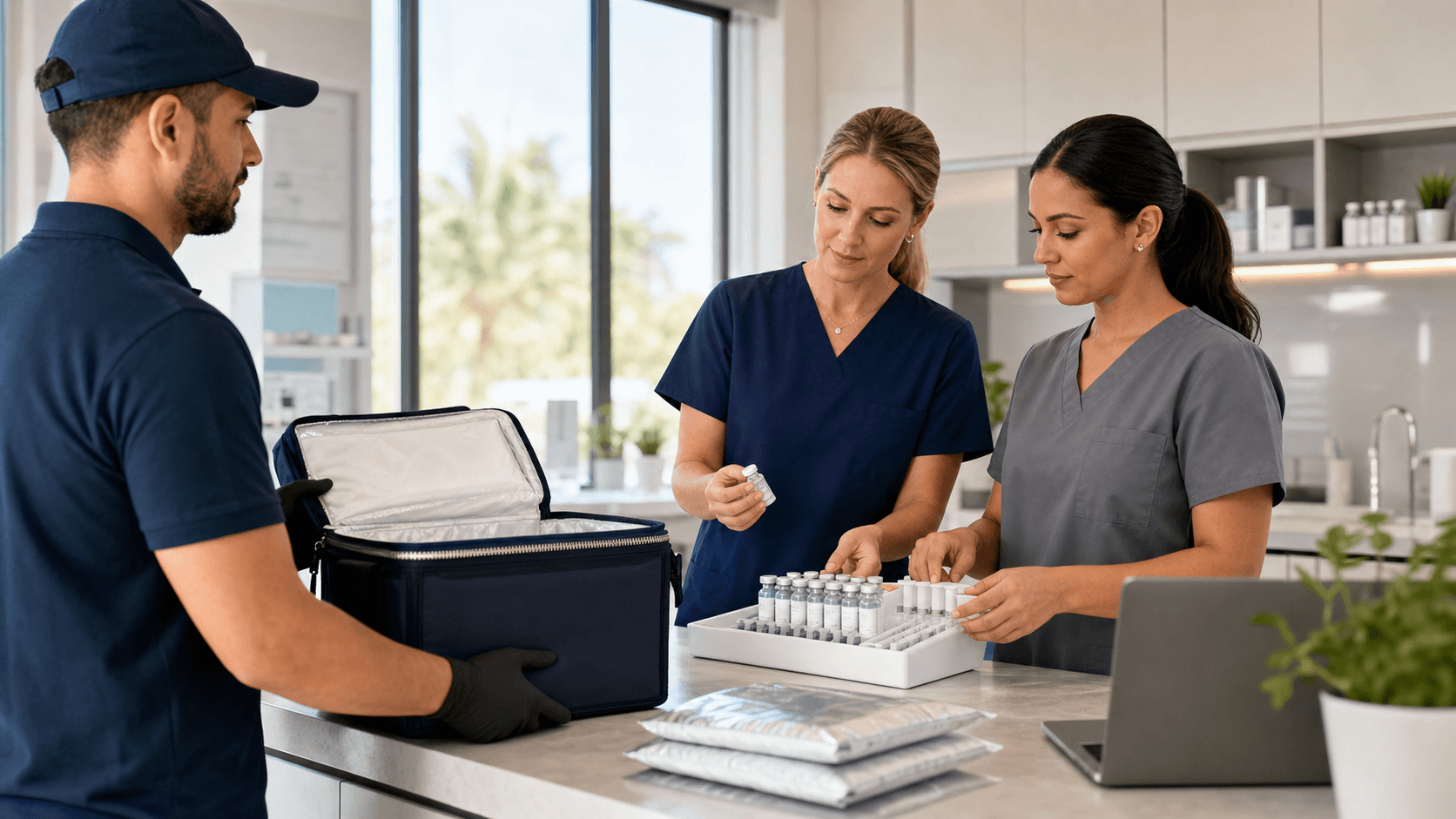 Doctor in white coat holds a test tube beside stacked boxes and a clipboard, on a clean blue-lit background