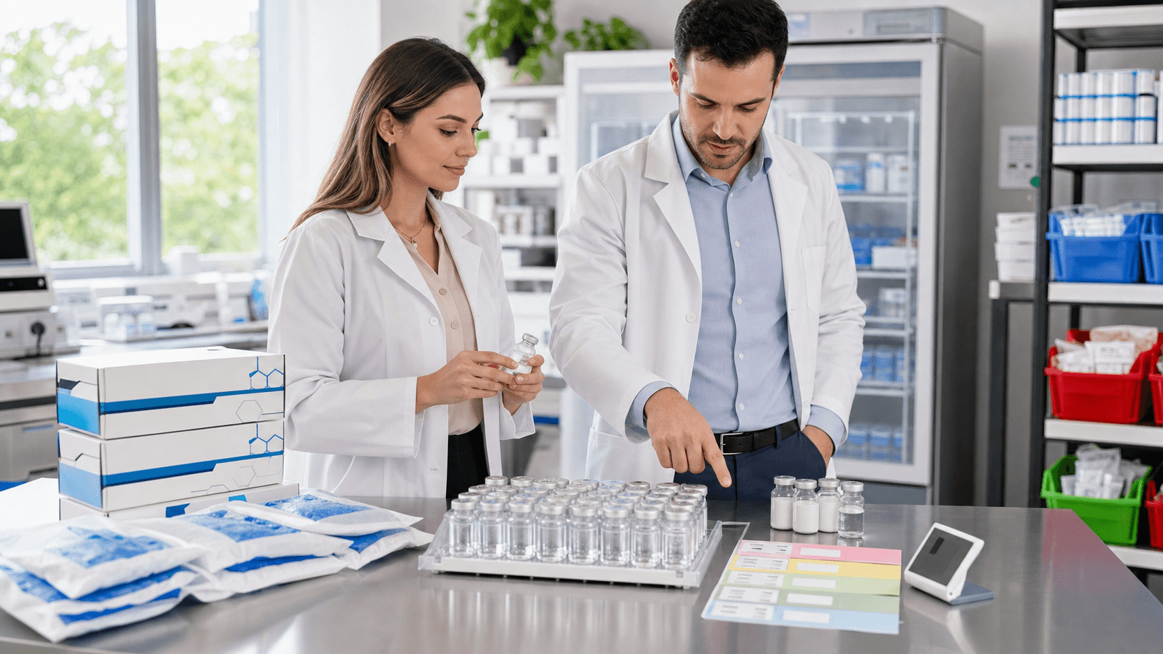 Blue-toned flat lay of peptide vials, syringes, and a checklist on a clipboard under bright clinical lighting