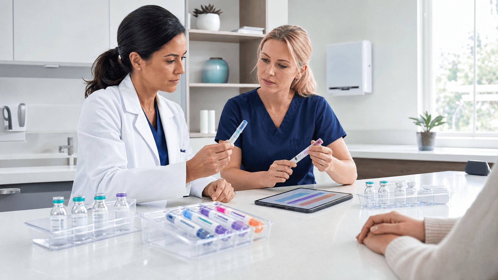 Blue-toned medical illustration showing a semaglutide vial, syringe, and protocol chart on a clean white background