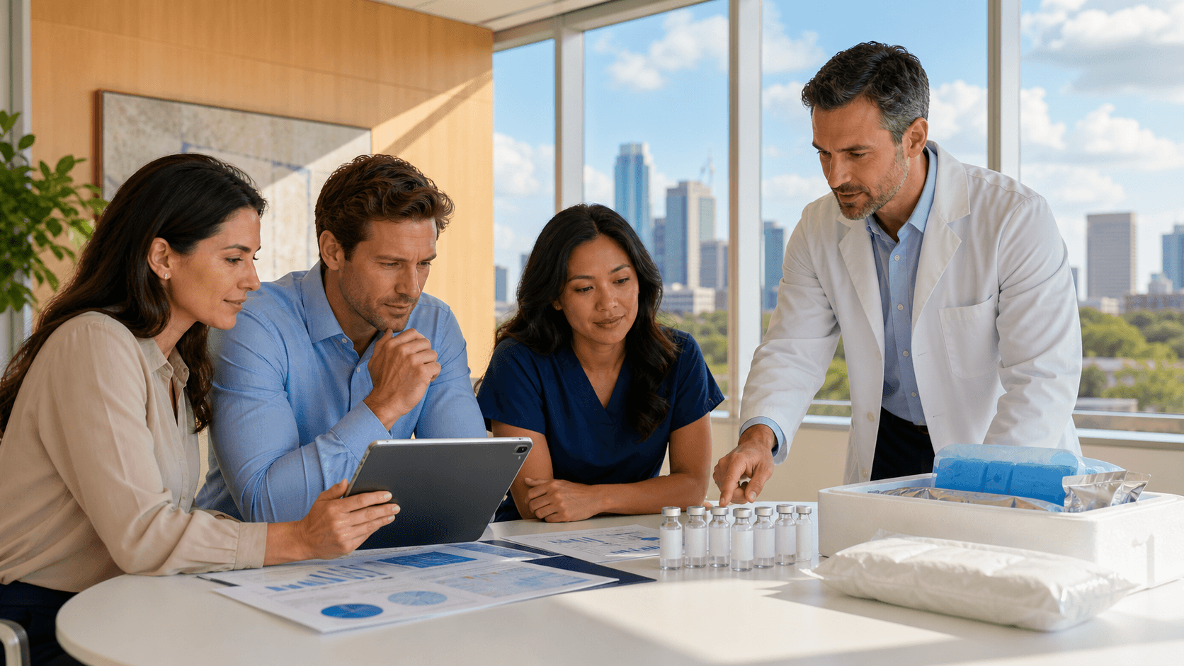 Doctor in a white coat reviewing charts beside a peptide vial and syringe, with a Texas outline on a blue backdrop.