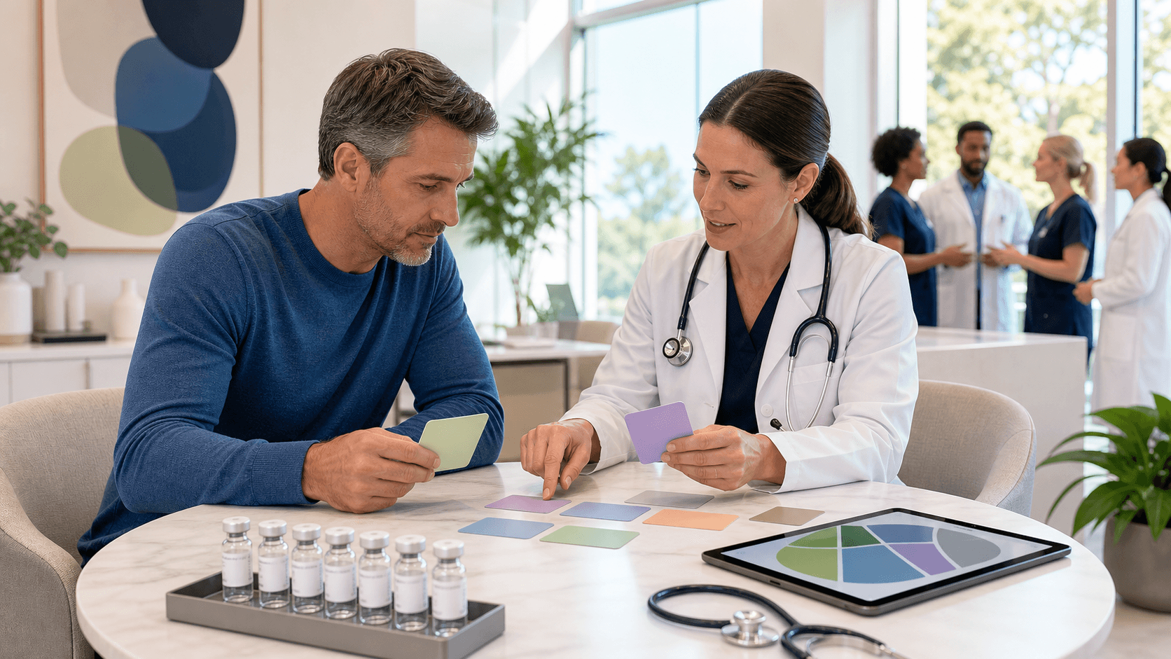 Blue-toned medical illustration of peptide molecules beside a clinician reviewing colorful patient charts.