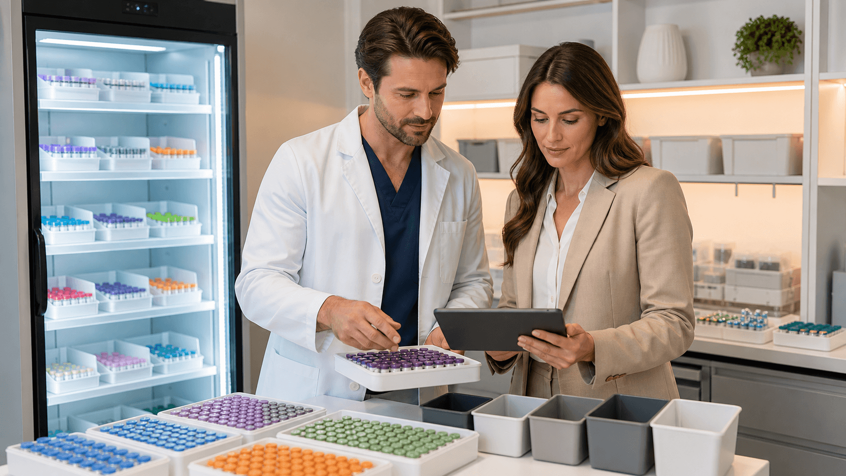 Clinician reviews inventory charts beside neatly arranged peptide vials in a bright, modern medical office.