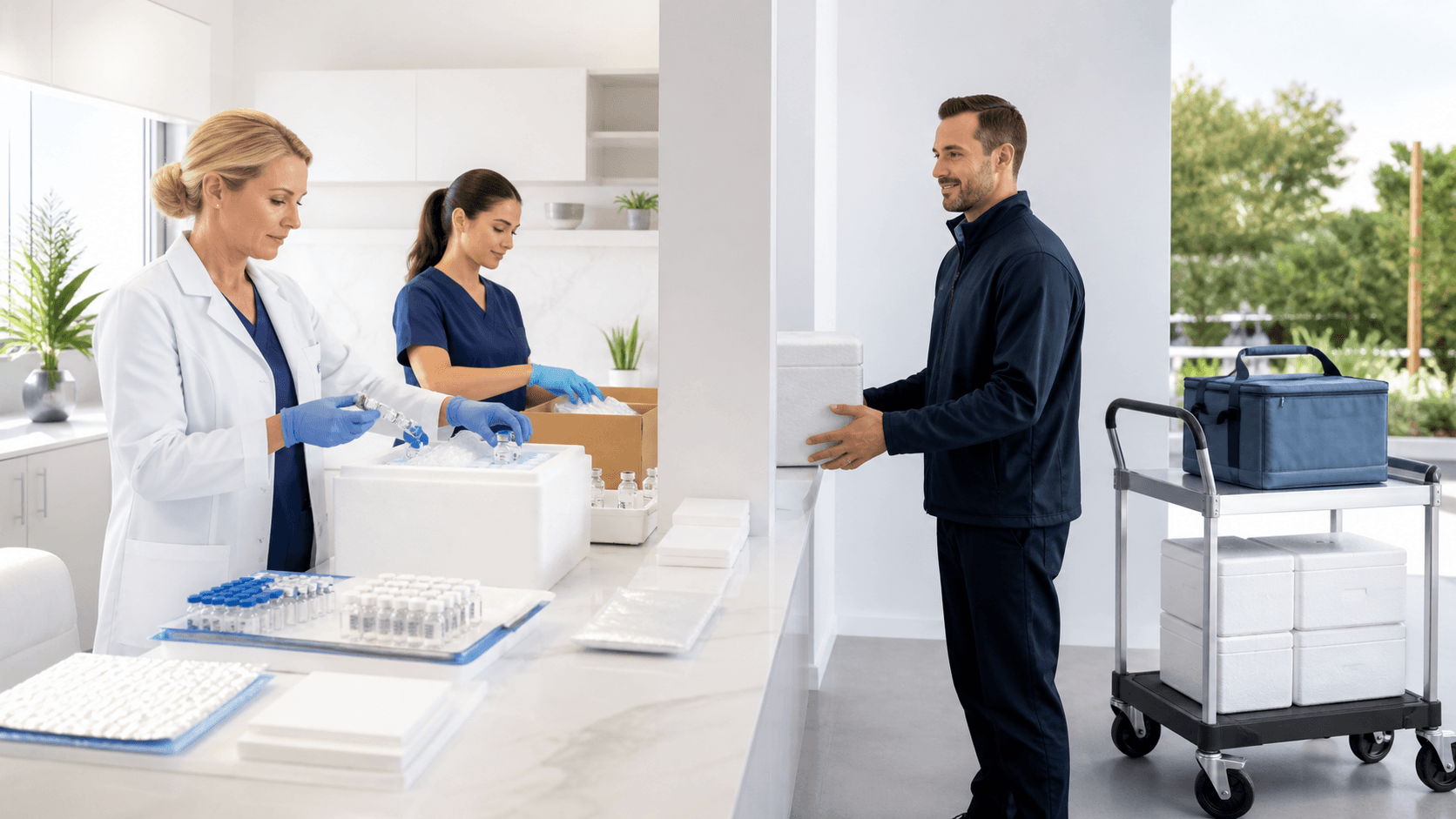 Split-screen of a medical office workspace and a shipping box with peptide vials in clean blue lighting.