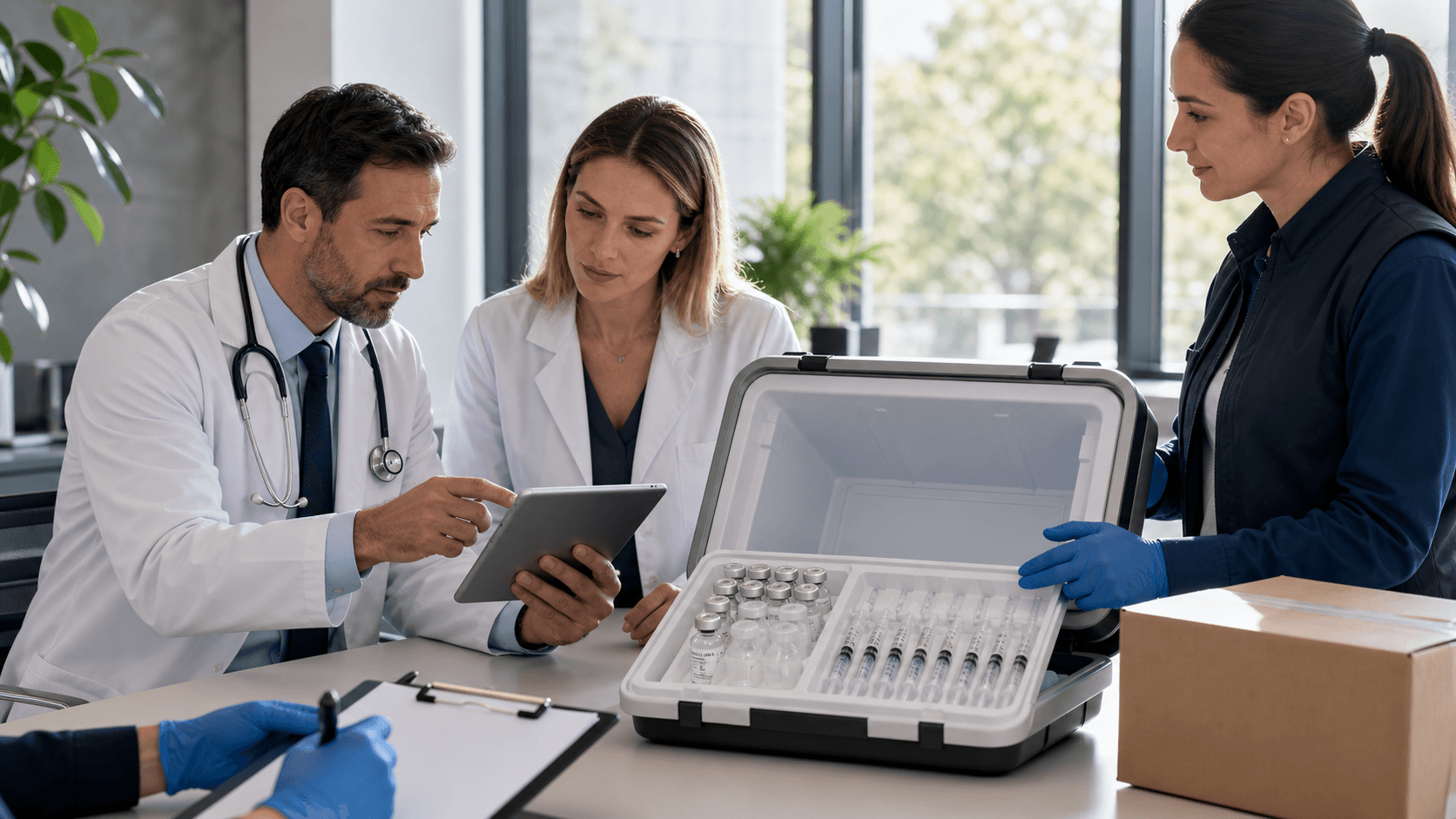 Blue-toned lab bench with peptide vials, syringes, and a clipboard, softly lit with a clean clinical backdrop