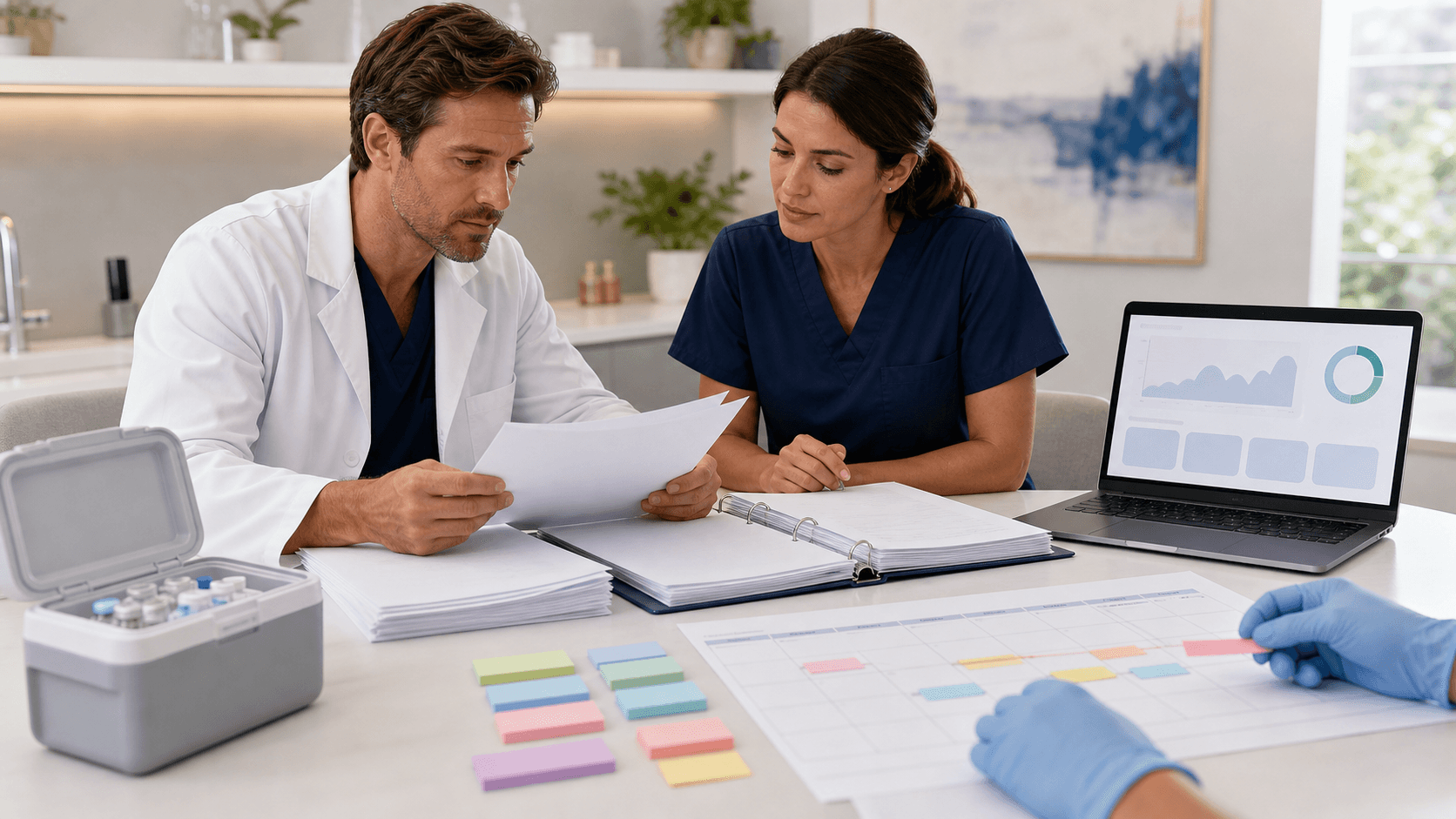 Blue-toned medical clipboard with forms, a pen, and calendar schedule icons on a clean white desk.