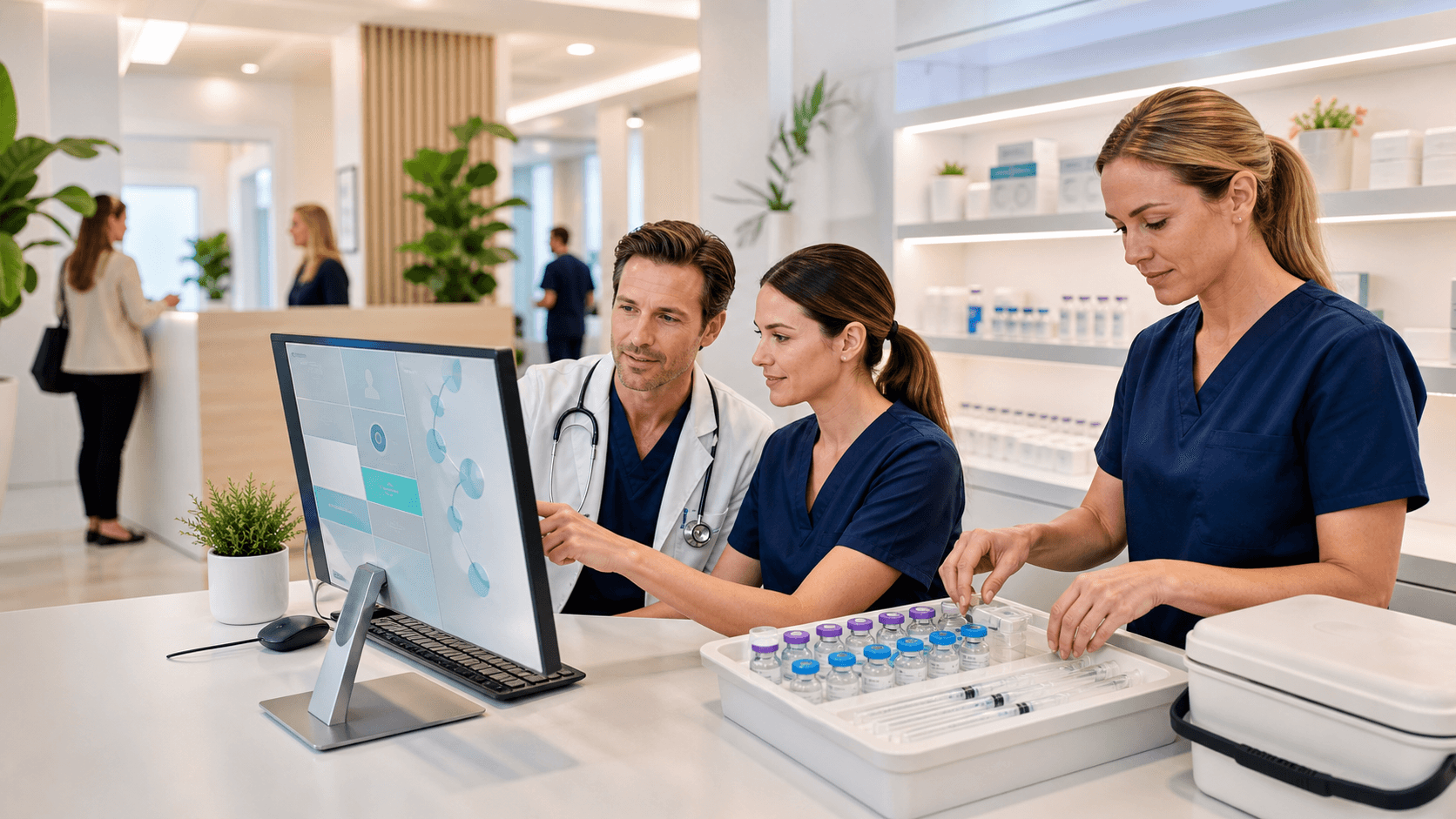 Doctor reviewing a tablet beside a digital flowchart and EHR screen icons in a blue-and-white clinical setting.