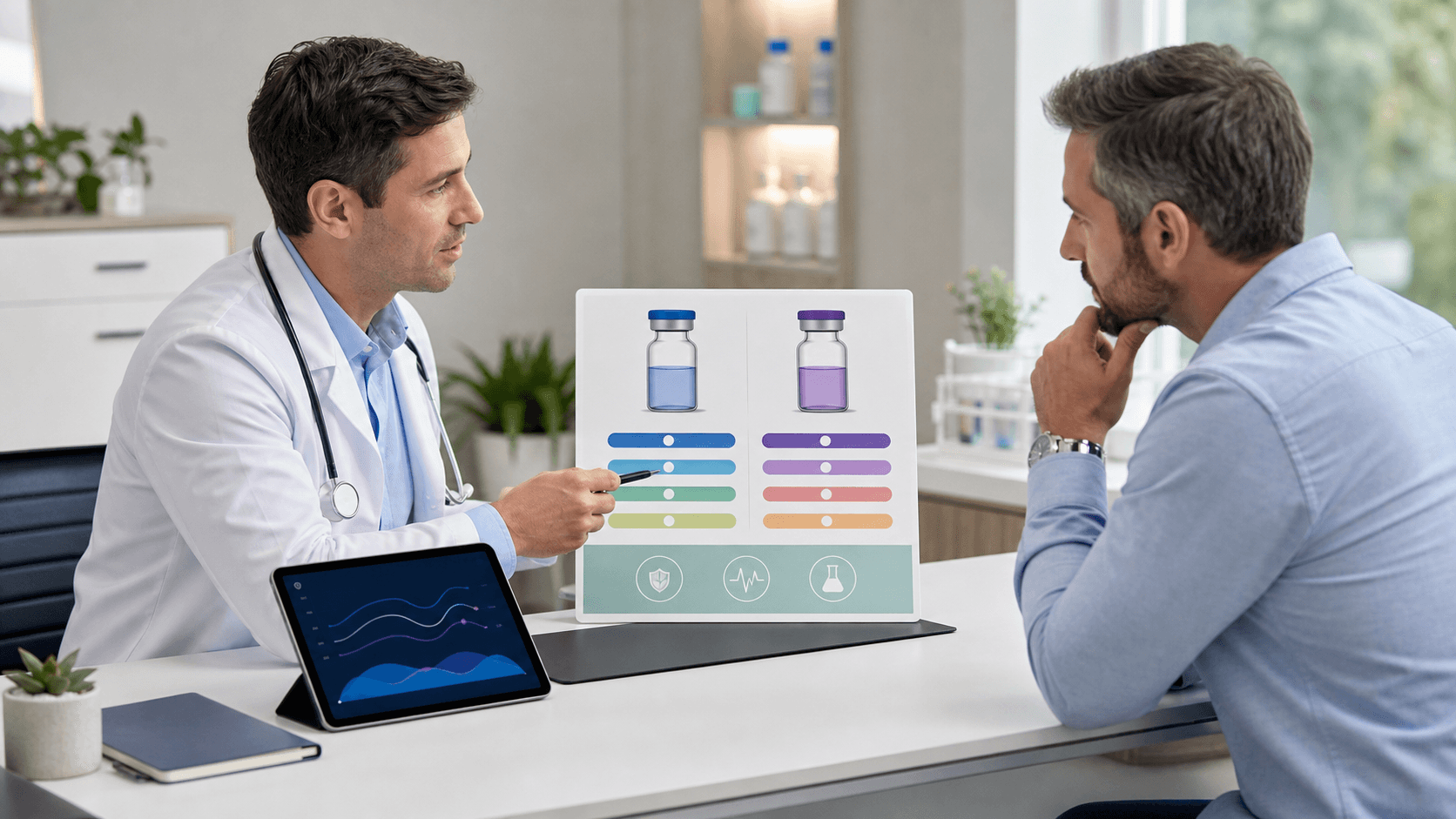 Blue and white medical graphic with two peptide vials, molecular structures, and a comparison chart.