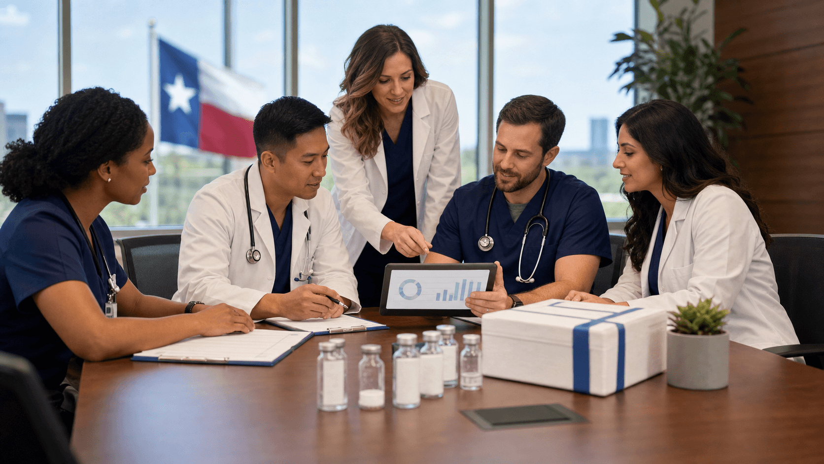 Teal and white medical checklist graphic with pill bottle icon, document stack, and bold headline text on a clean background.