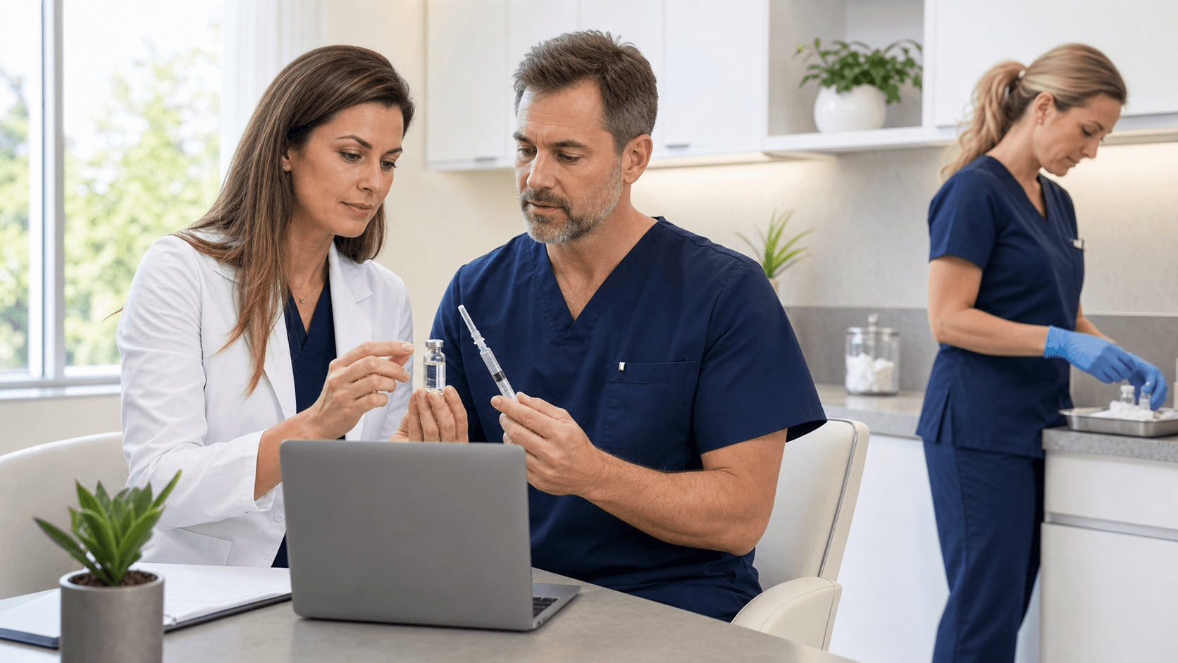 Doctor in a white coat reviews a peptide molecule diagram on a blue-lit screen with lab vials in the foreground.