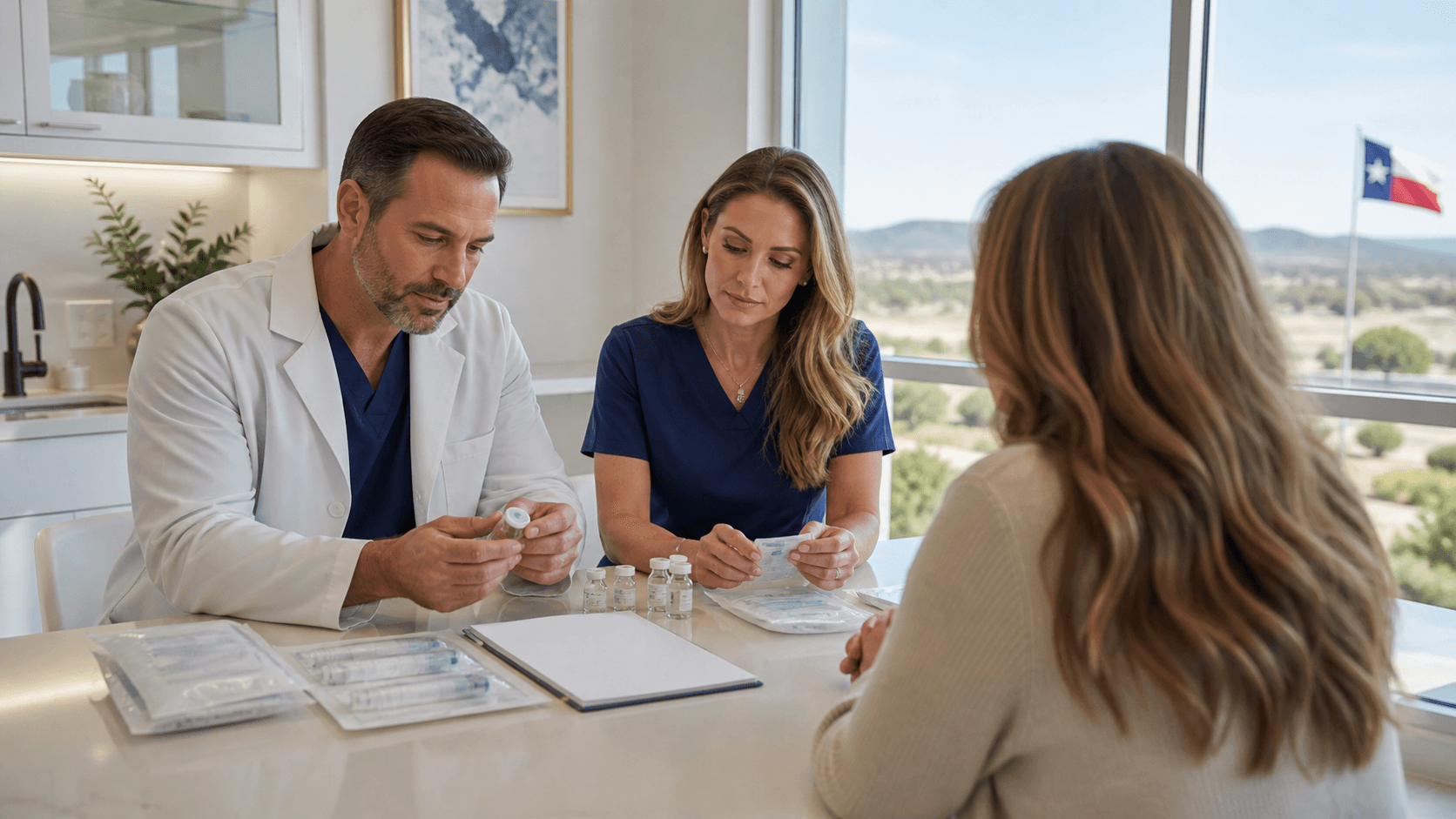 Doctor in a white coat reviews peptide vials and a syringe under cool clinical lighting.