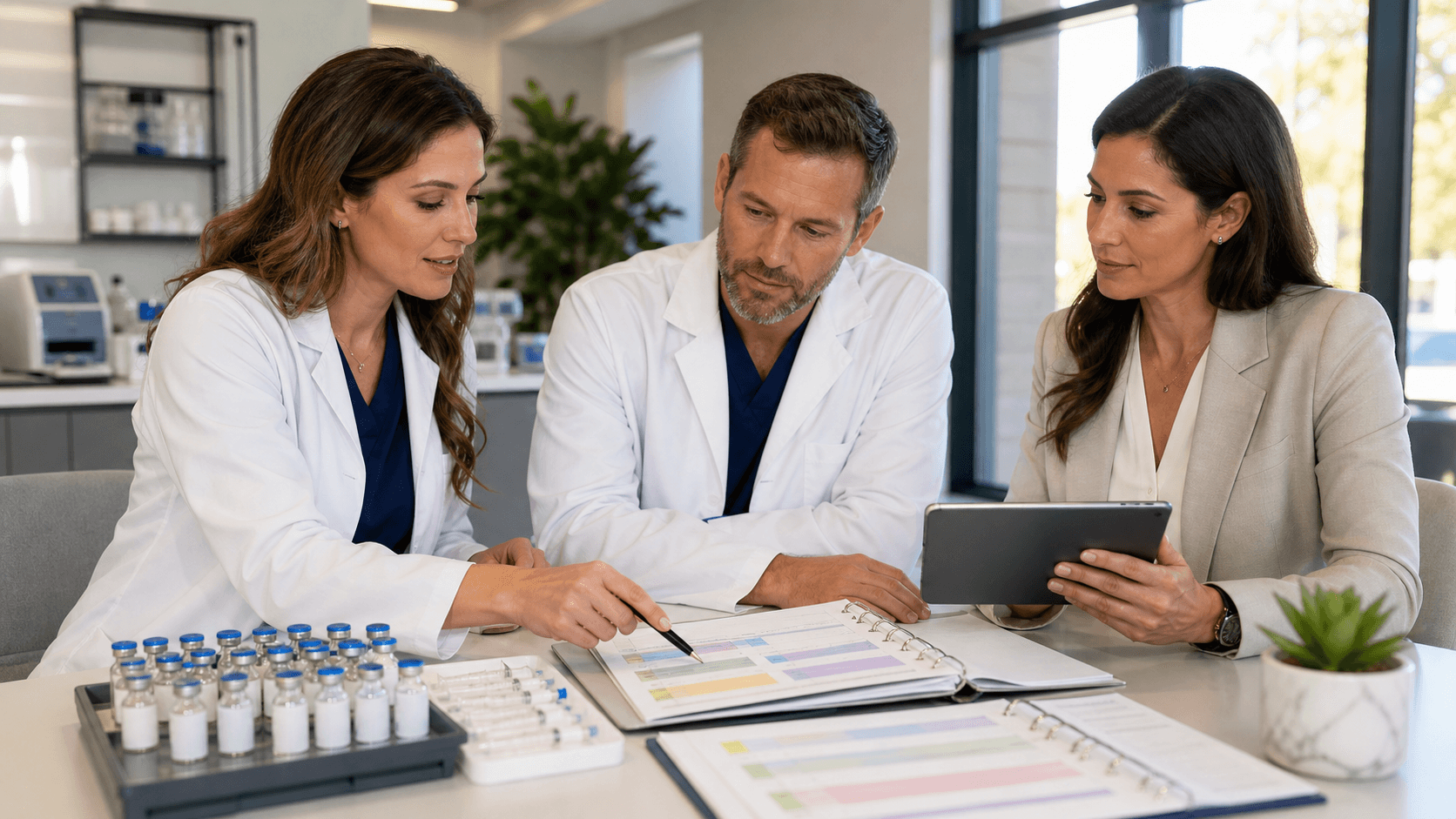 Blue-toned medical clipboard with checklists beside peptide vials and a syringe on a clean white desk.
